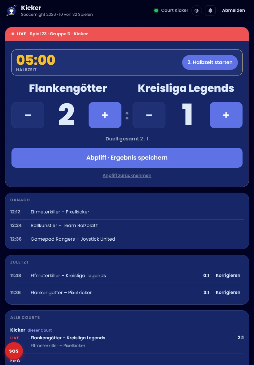 Court-Bedienung am Tablet oder Handy: Spielstand und Spieluhr direkt am Spielfeld